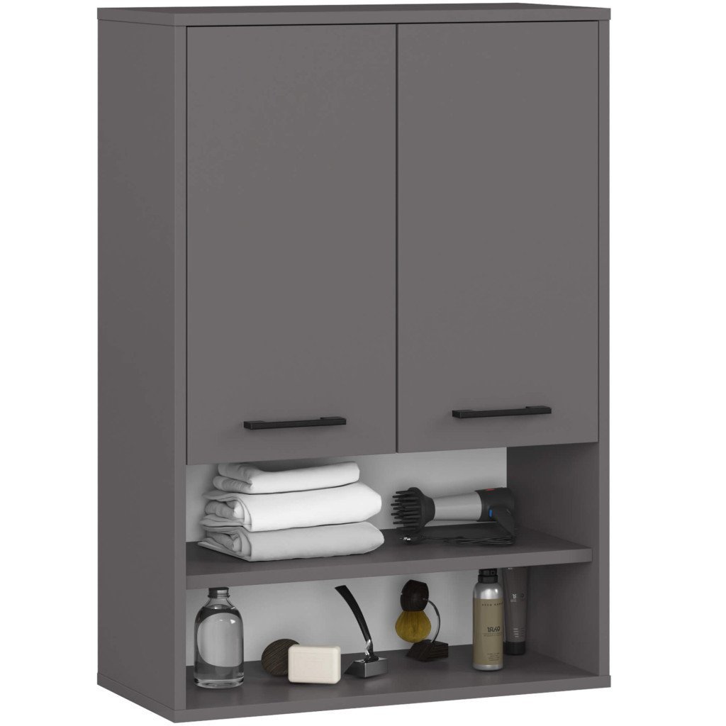 Dulap baie suspendat, cu 2 usi si 2 rafturi deschise, PAL 16 mm, 64x30x94 cm, gri