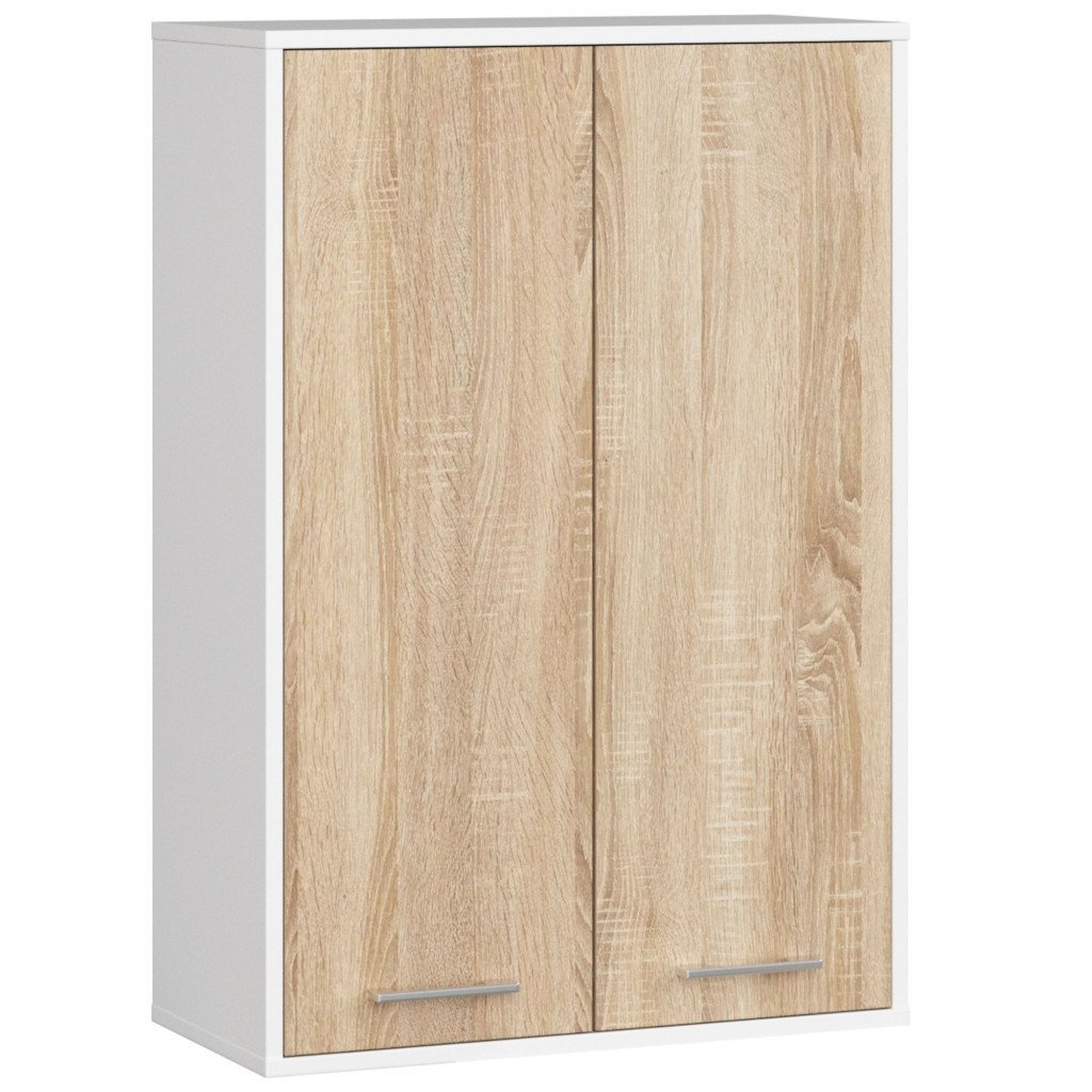 Dulap baie suspendat, cu 2 usi si 4 rafturi interioare, PAL 16 mm, 64x30x94 cm, alb si stejar sonoma