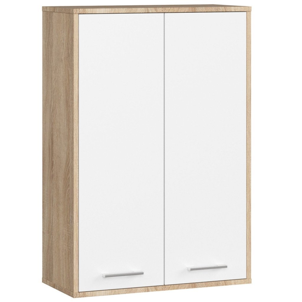 Dulap baie suspendat, cu 2 usi si 4 rafturi interioare, PAL 16 mm, 64x30x94 cm, stejar sonoma si alb