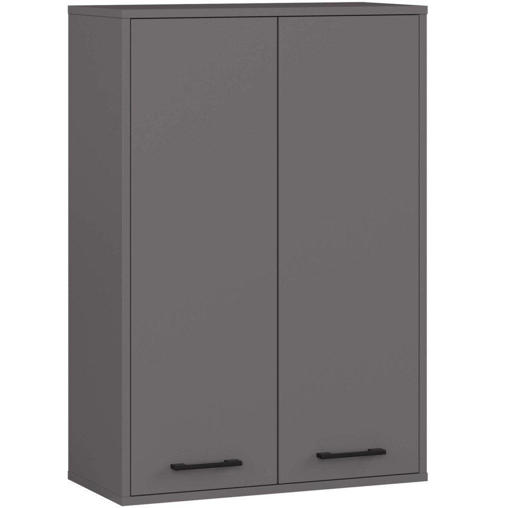 Dulap baie suspendat, cu 2 usi si 4 rafturi interioare, PAL 16 mm, 64x30x94 cm, gri grafit