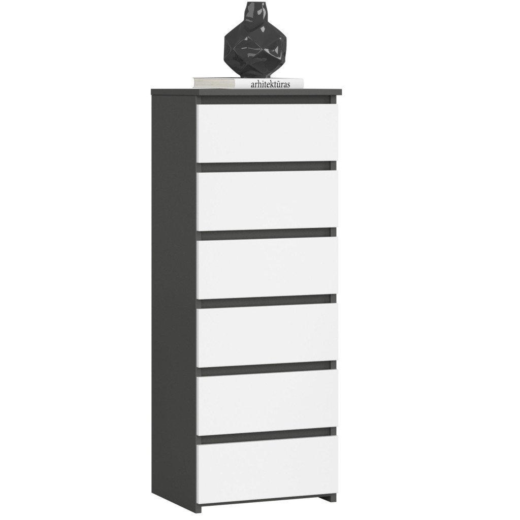 Comoda cu 6 sertare, PAL laminat 16 mm, 40x35x109 cm, gri si alb