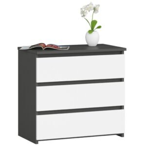 Noptiera cu 3 sertare, PAL laminat 16 mm, 60x35x57 cm, gri si alb