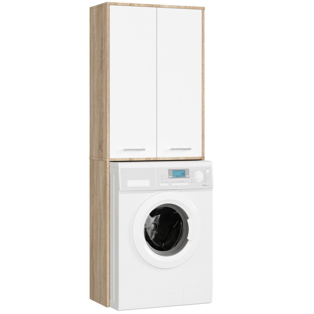 Dulap de baie cu 2 usi si 4 rafturi, pentru spatiul de deasupra masinii de spalat, 64x30x180 cm, stejar sonoma si alb