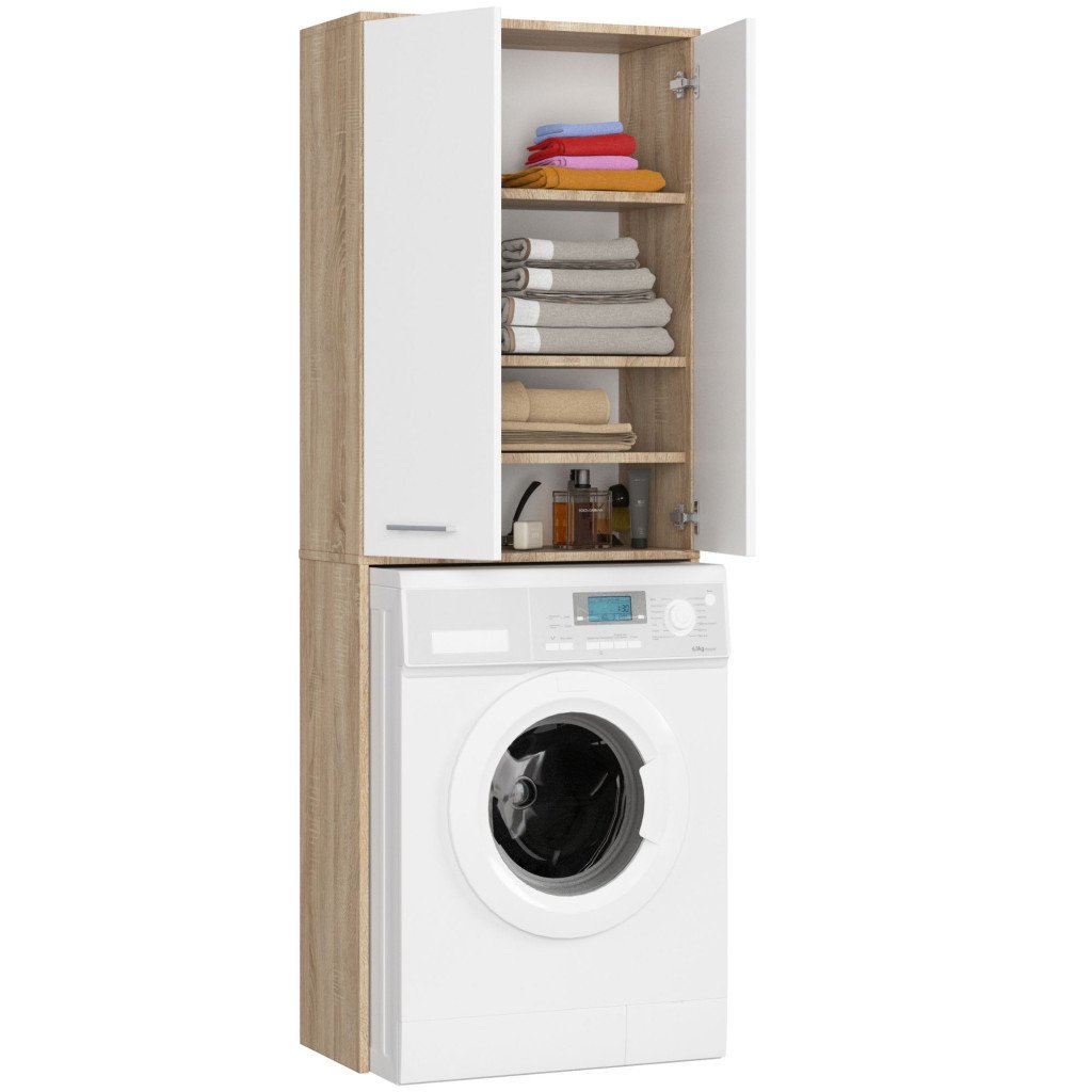 dulap de baie cu 2 usi si 4 rafturi, pentru spatiul de deasupra masinii de spalat, 64x30x180 cm, stejar sonoma si alb 2 Dulap de baie cu 2 usi si 4 rafturi, pentru spatiul de deasupra masinii de spalat, 64x30x180 cm, stejar sonoma si alb - imagine 2