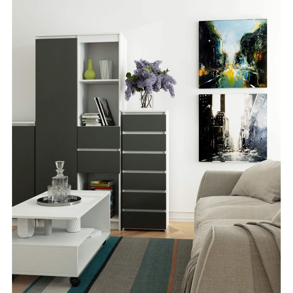 comoda cu 6 sertare, pal laminat 16 mm, 40x35x109 cm, alb si gri 3 Comoda cu 6 sertare, PAL laminat 16 mm, 40x35x109 cm, alb si gri - imagine 3
