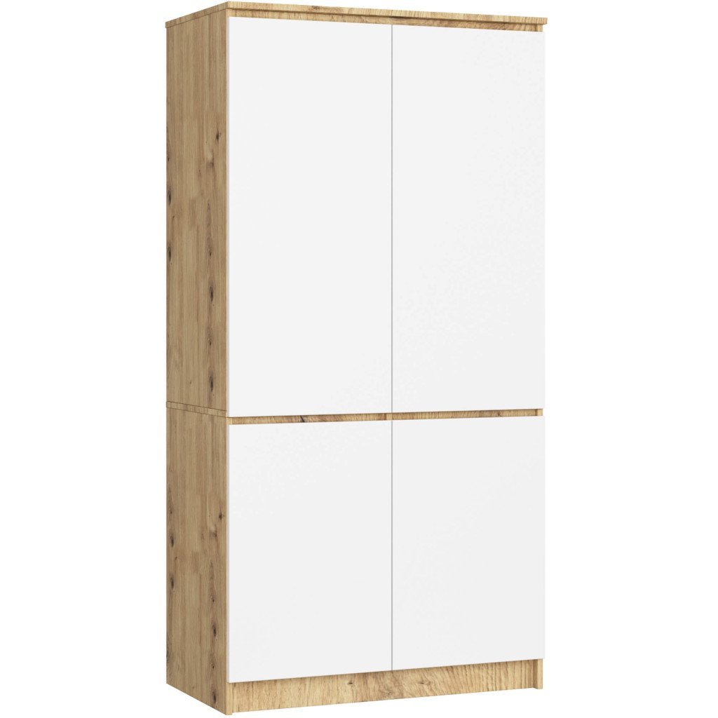 Dulap cu 4 usi, rafturi si bara pentru umerase, PAL laminat, 90x51x180 cm, stejar artisan si alb