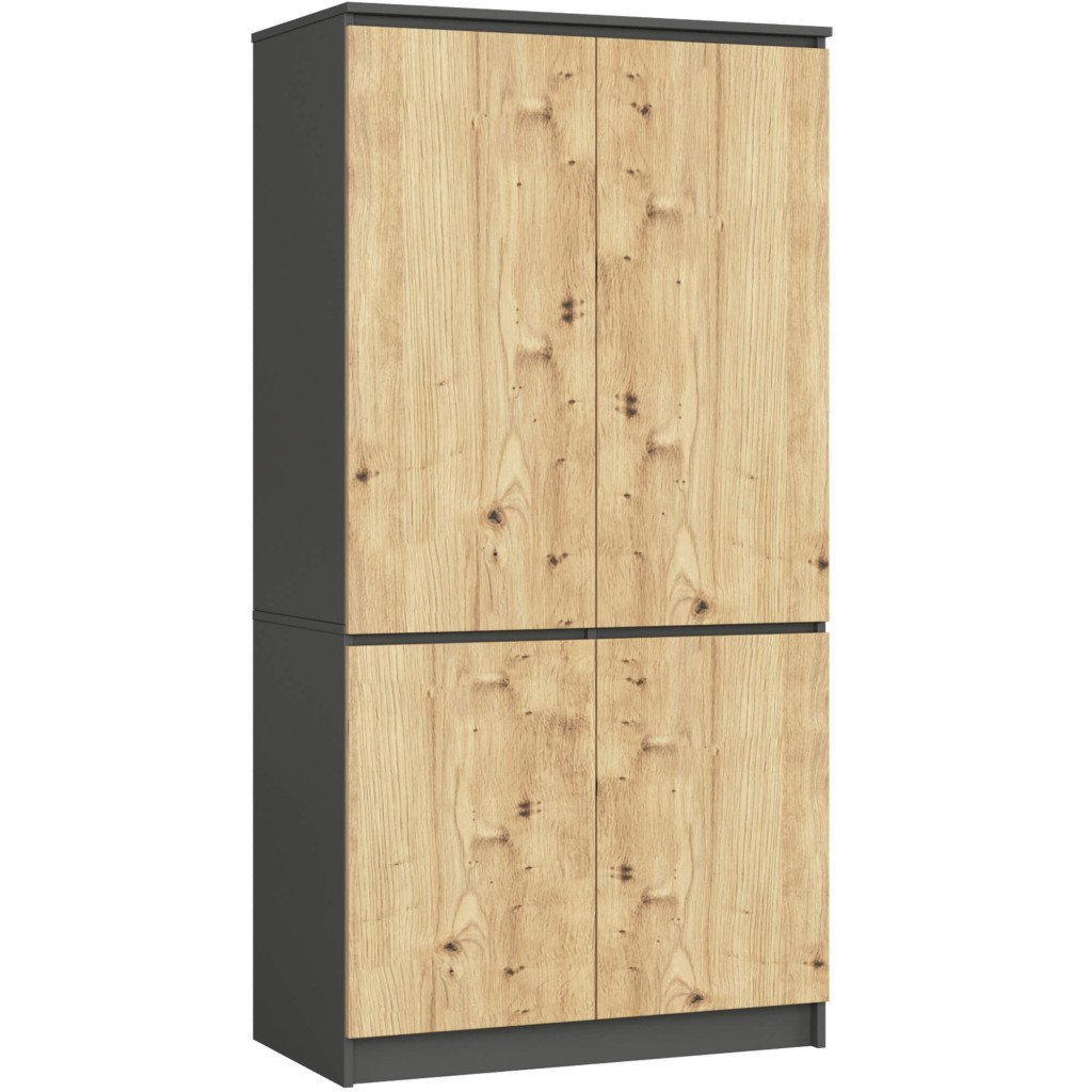 Dulap cu 4 usi, rafturi si bara pentru umerase, PAL laminat, 90x51x180 cm, gri grafit si stejar artisan 1 Dulap cu 4 usi, rafturi si bara pentru umerase, PAL laminat, 90x51x180 cm, gri grafit si stejar artisan