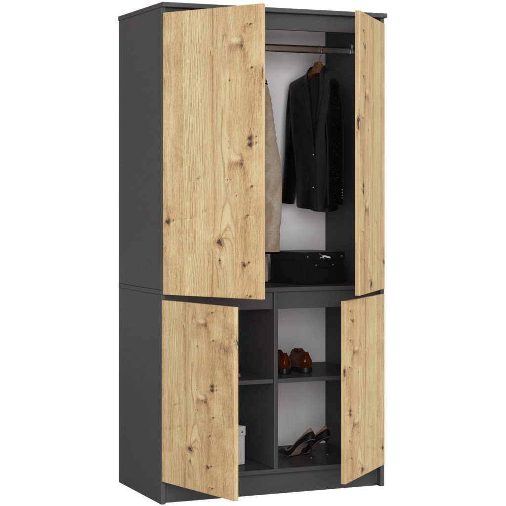 Dulap cu 4 usi, rafturi si bara pentru umerase, PAL laminat, 90x51x180 cm, gri grafit si stejar artisan 2 Dulap cu 4 usi, rafturi si bara pentru umerase, PAL laminat, 90x51x180 cm, gri grafit si stejar artisan - imagine 2