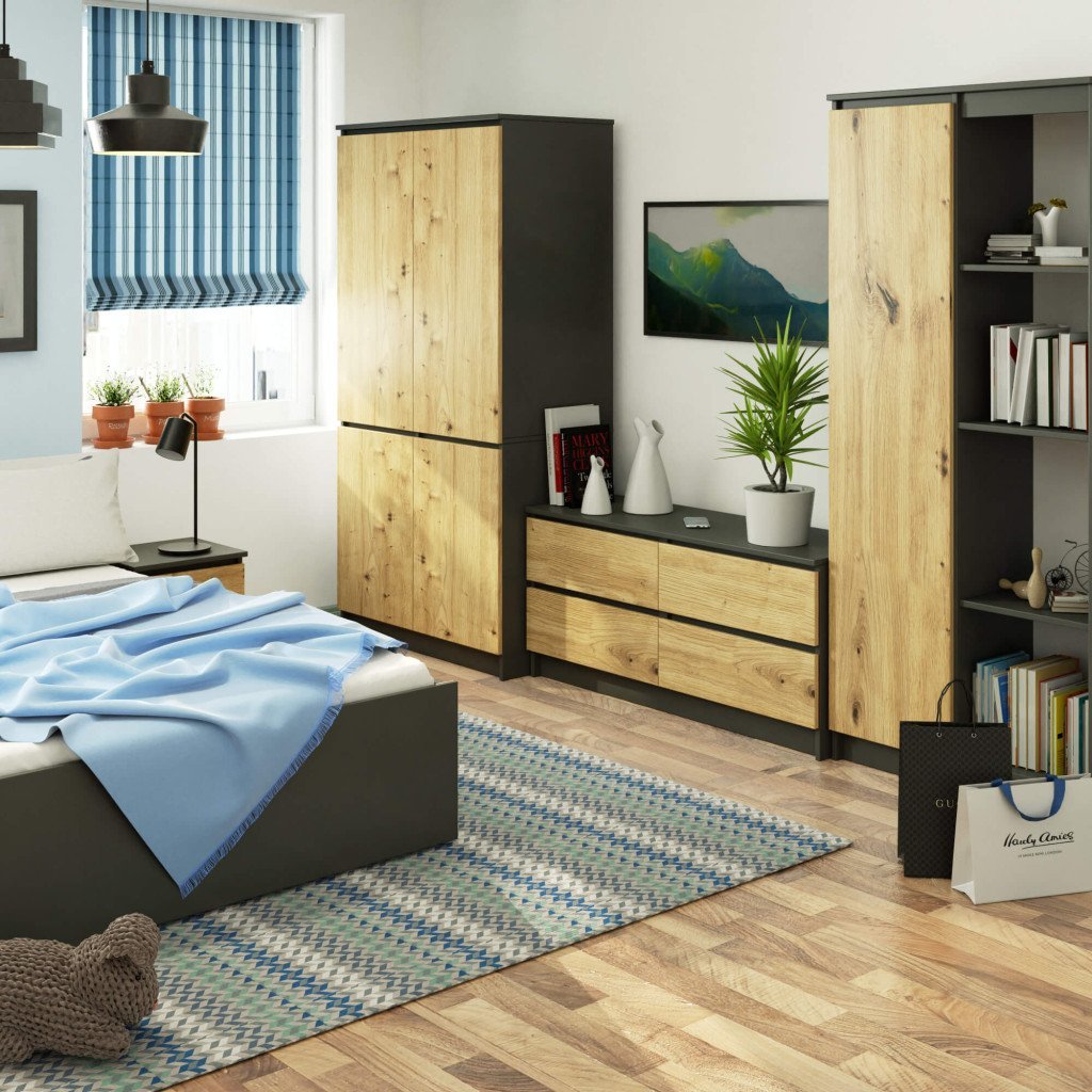 Dulap cu 4 usi, rafturi si bara pentru umerase, PAL laminat, 90x51x180 cm, gri grafit si stejar artisan 4 Dulap cu 4 usi, rafturi si bara pentru umerase, PAL laminat, 90x51x180 cm, gri grafit si stejar artisan - imagine 4