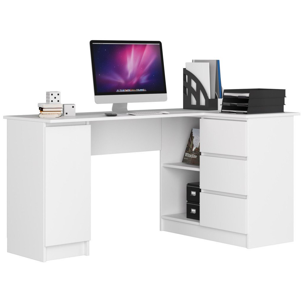 Birou colt dreapta in L cu 3 sertare si rafturi, PAL laminat 16 mm, 155x85x77 cm, alb