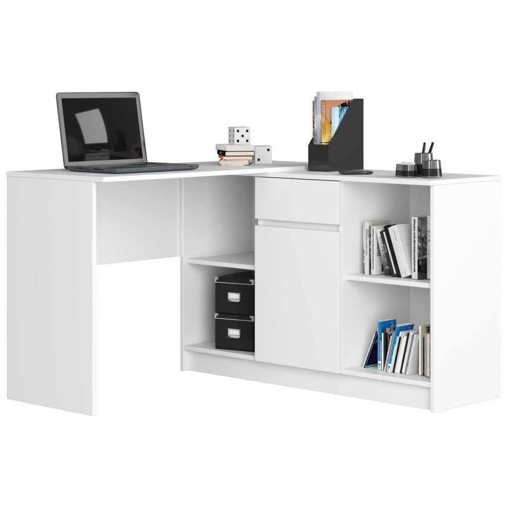 Birou de colt cu sertar, usa si 6 rafturi, PAL laminat 16 mm, 120x126x79 cm, alb