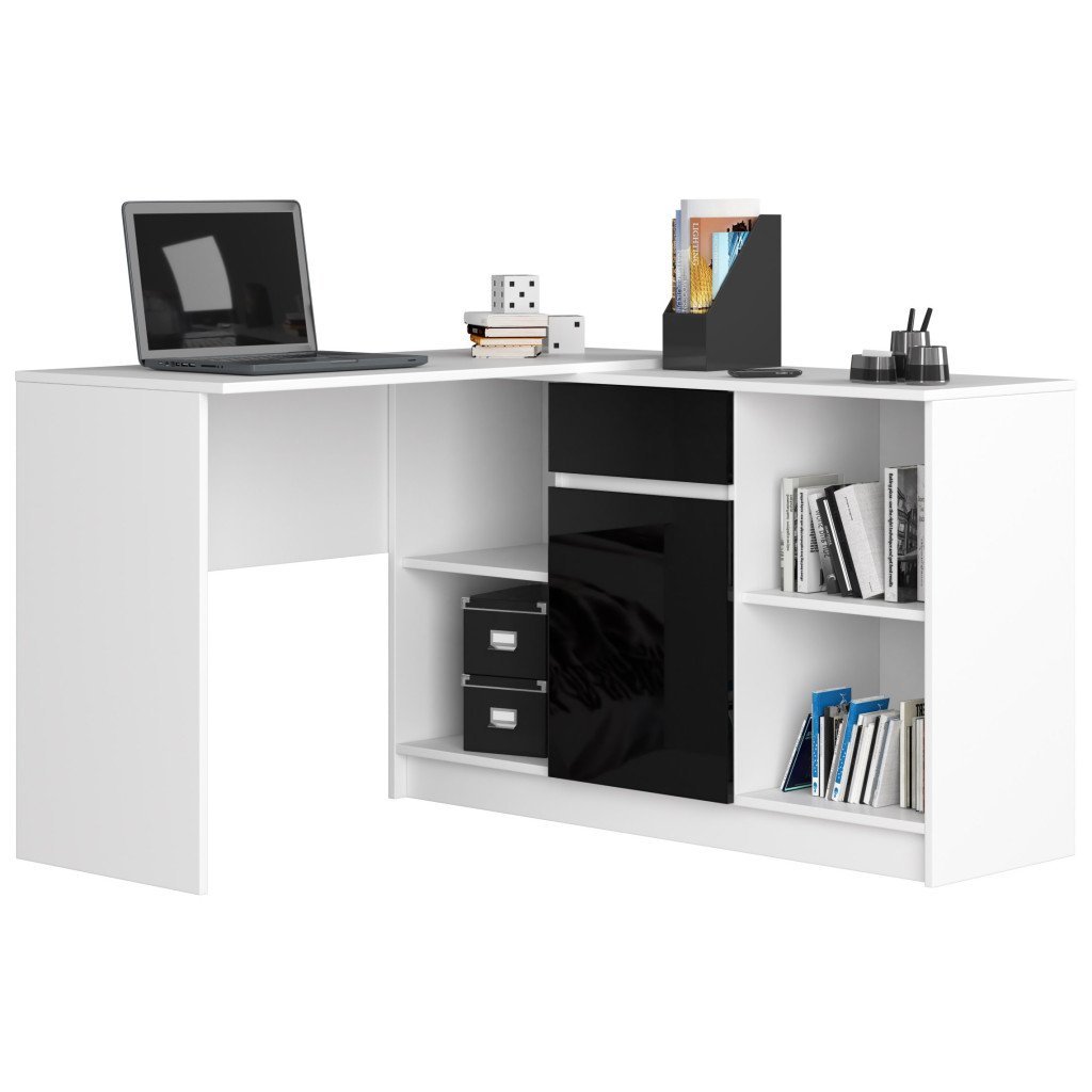 Birou de colt cu sertar, usa si 6 rafturi, fronturi MDF lucios, 120x126x79 cm, alb si negru lucios