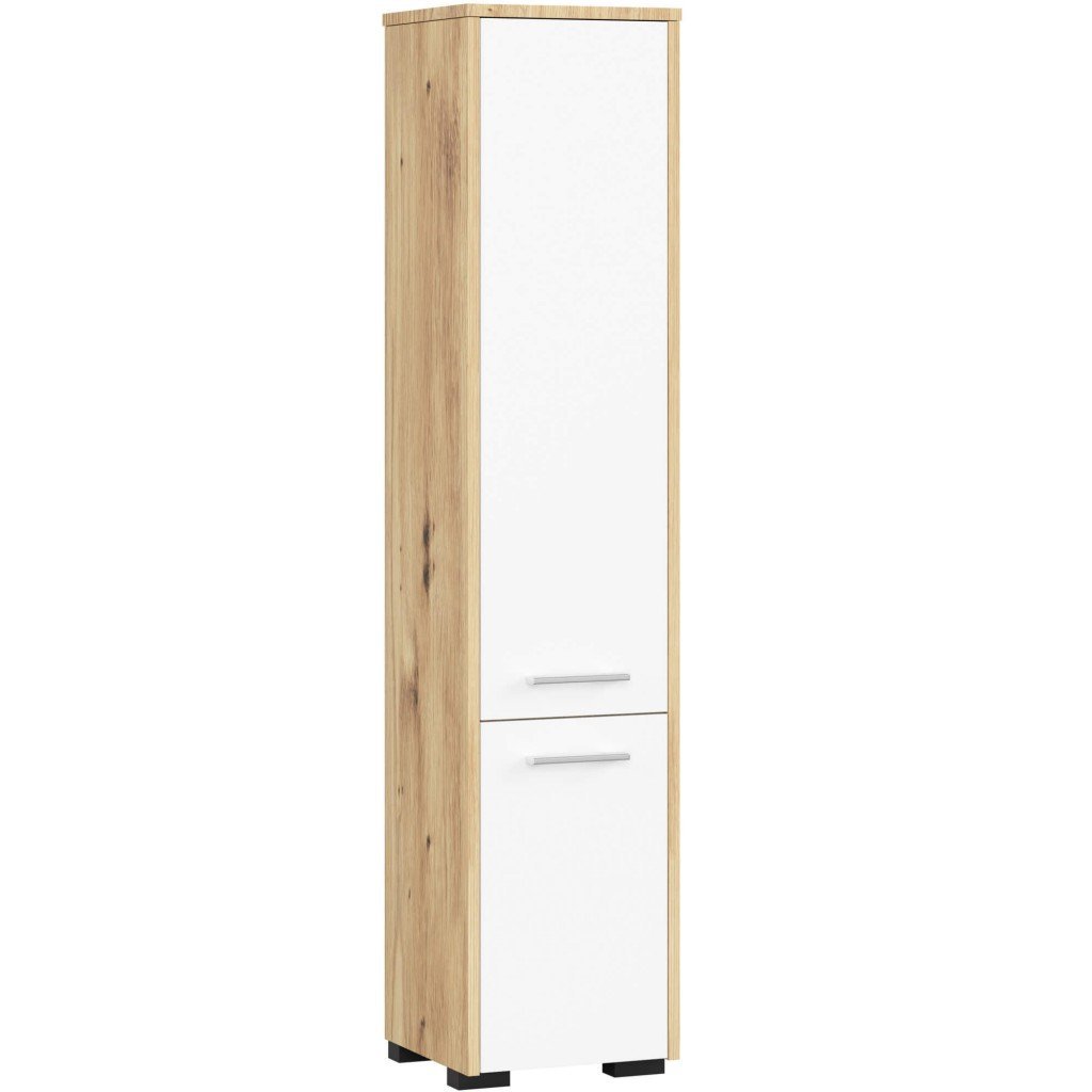 Dulap baie tip coloana cu 2 usi si 5 rafturi, PAL laminat, 30x30x140 cm, stejar artisan si alb