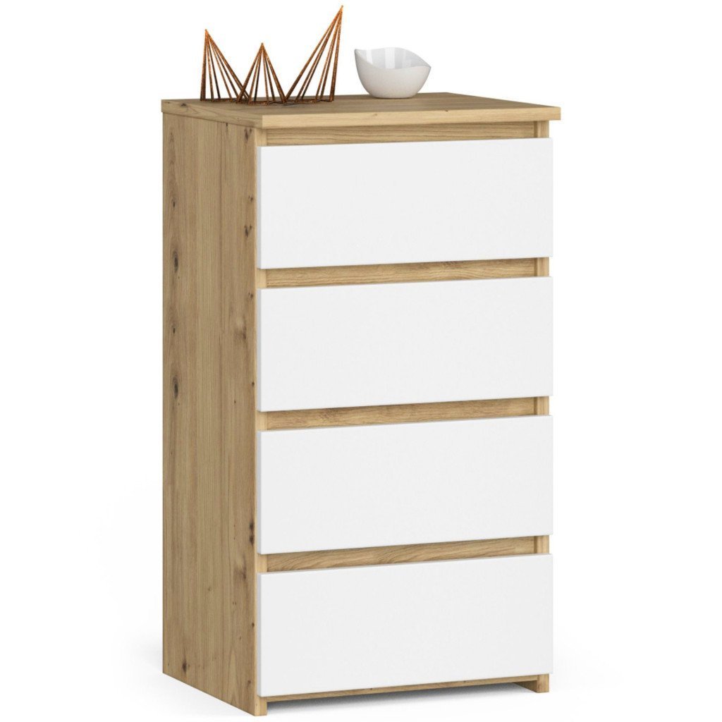 Comoda cu 4 sertare, PAL laminat 16mm, 40x35x74 cm, stejar artisan si alb