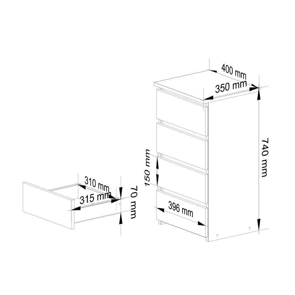 comoda cu 4 sertare, pal laminat 16mm, 40x35x74 cm, stejar artisan si alb 2 Comoda cu 4 sertare, PAL laminat 16mm, 40x35x74 cm, stejar artisan si alb - imagine 2