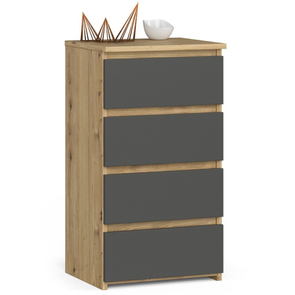 Comoda cu 4 sertare, PAL laminat 16mm, 40x35x74 cm, stejar artisan si gri