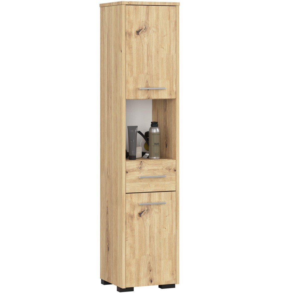 dulap baie tip coloana cu 2 usi, 1 sertar si rafturi interioare, pal laminat, 30x30x140 cm, stejar artisan 1 Dulap baie tip coloana cu 2 usi, 1 sertar si rafturi interioare, PAL laminat, 30x30x140 cm, stejar artisan
