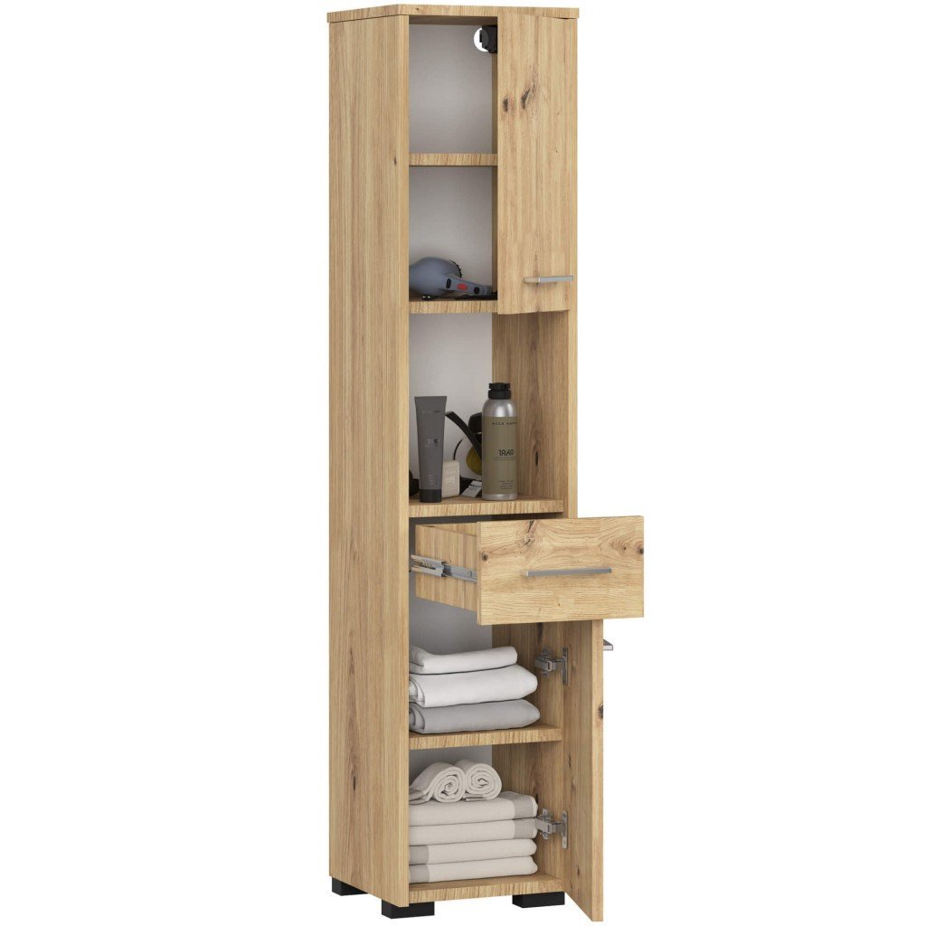 dulap baie tip coloana cu 2 usi, 1 sertar si rafturi interioare, pal laminat, 30x30x140 cm, stejar artisan 2 Dulap baie tip coloana cu 2 usi, 1 sertar si rafturi interioare, PAL laminat, 30x30x140 cm, stejar artisan - imagine 2