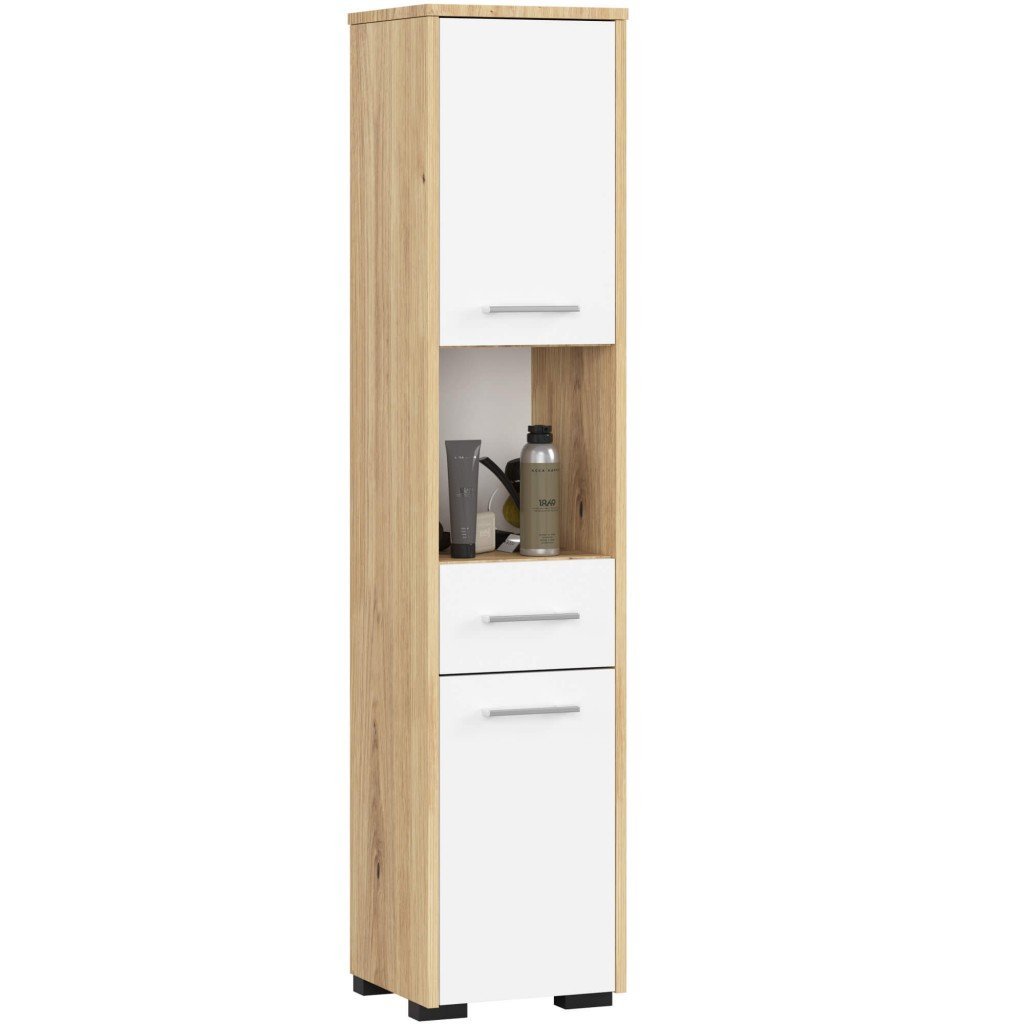 Dulap baie tip coloana cu 2 usi, 1 sertar si rafturi interioare, PAL laminat, 30x30x140 cm, stejar artisan si alb