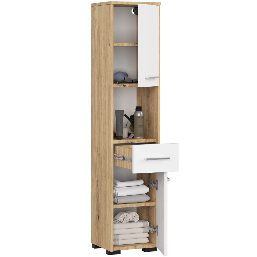 dulap baie tip coloana cu 2 usi, 1 sertar si rafturi interioare, pal laminat, 30x30x140 cm, stejar artisan si alb 2 Dulap baie tip coloana cu 2 usi, 1 sertar si rafturi interioare, PAL laminat, 30x30x140 cm, stejar artisan si alb - imagine 2