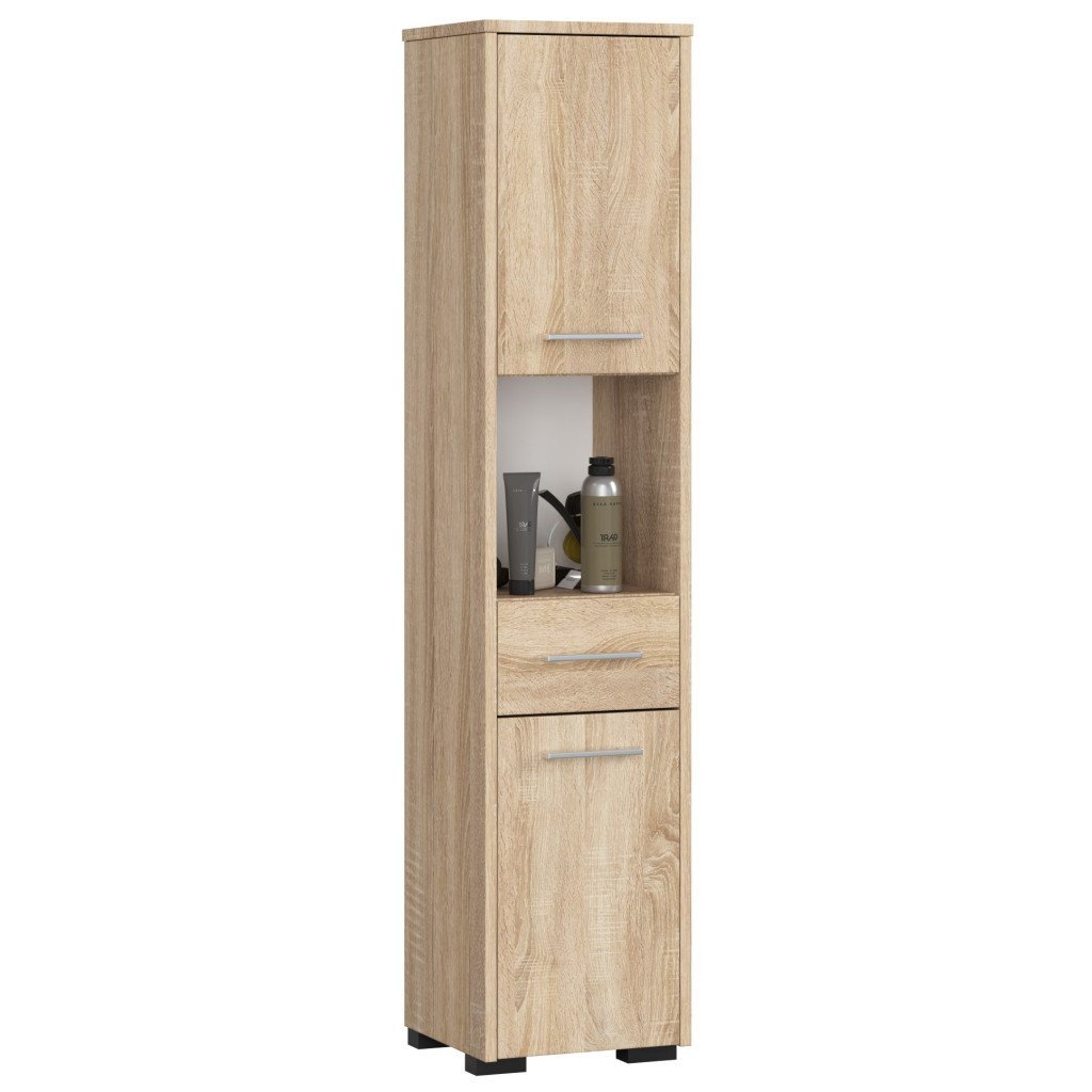 Dulap baie tip coloana cu 2 usi, 1 sertar si rafturi interioare, PAL laminat, 30x30x140 cm, stejar sonoma