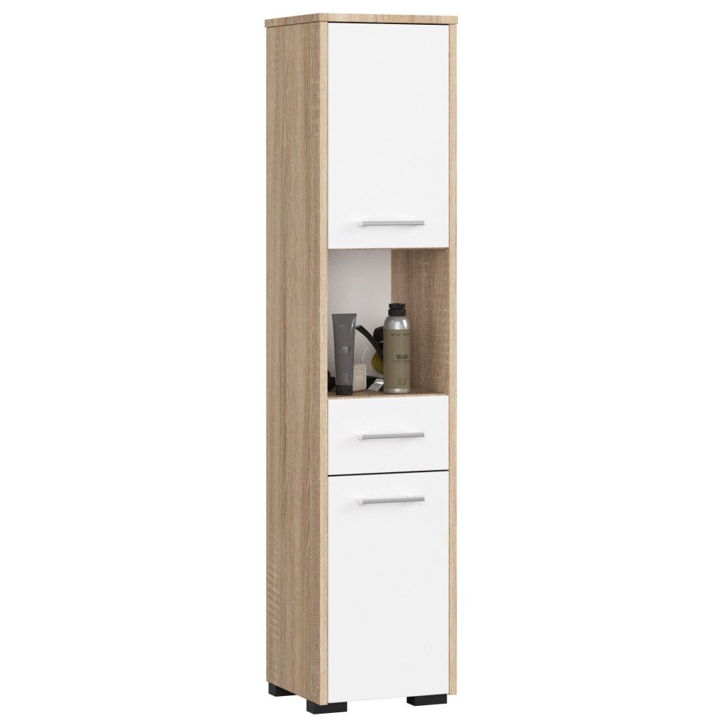 Dulap baie tip coloana cu 2 usi, 1 sertar si rafturi interioare, PAL laminat, 30x30x140 cm, stejar sonoma si alb
