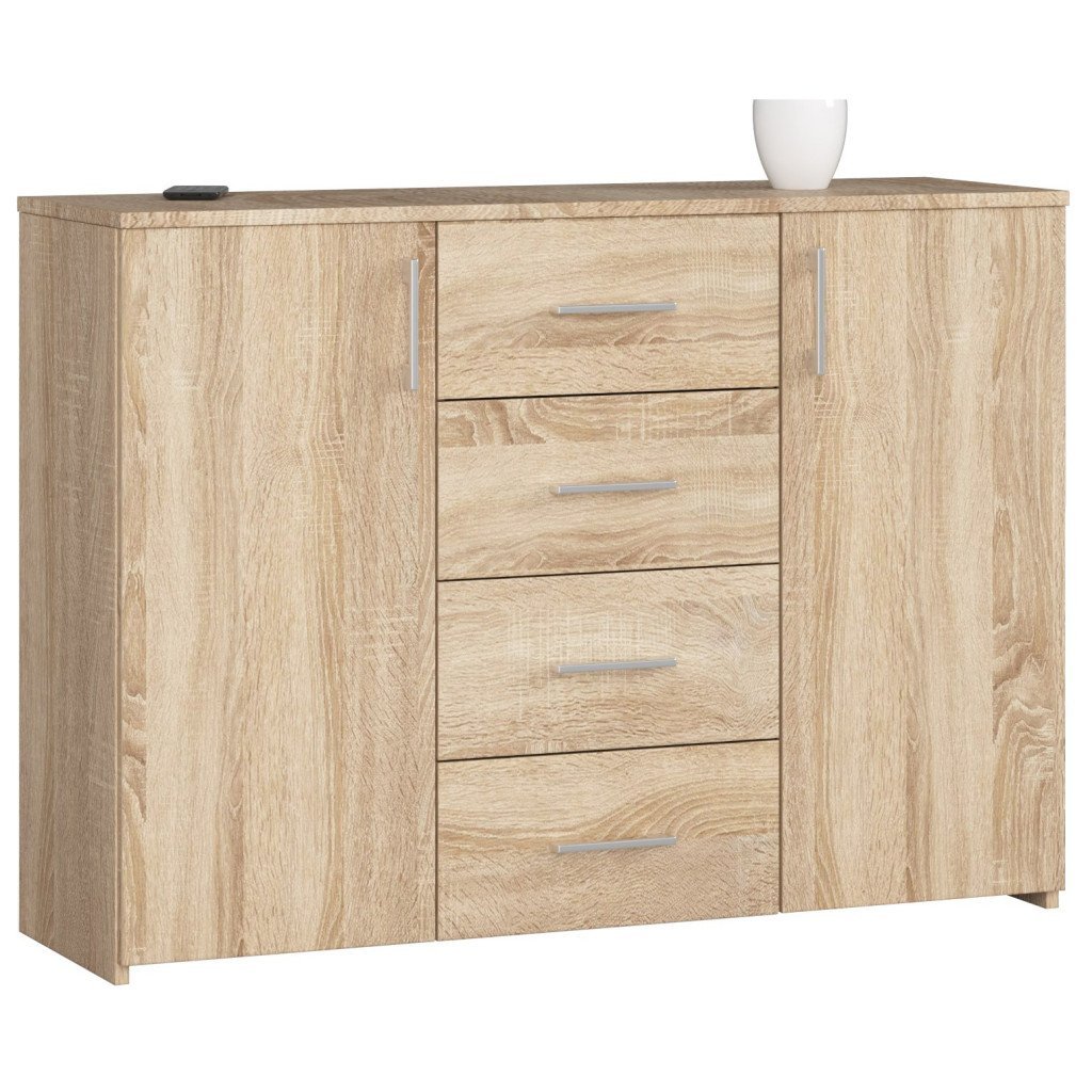 Comoda cu 4 sertare si 2 usi, PAL laminat, 110x35x80 cm, stejar sonoma