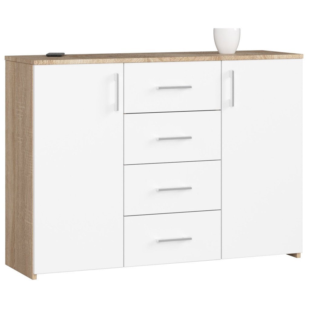 Comoda cu 4 sertare si 2 usi, PAL laminat, 110x35x80 cm, stejar sonoma si alb