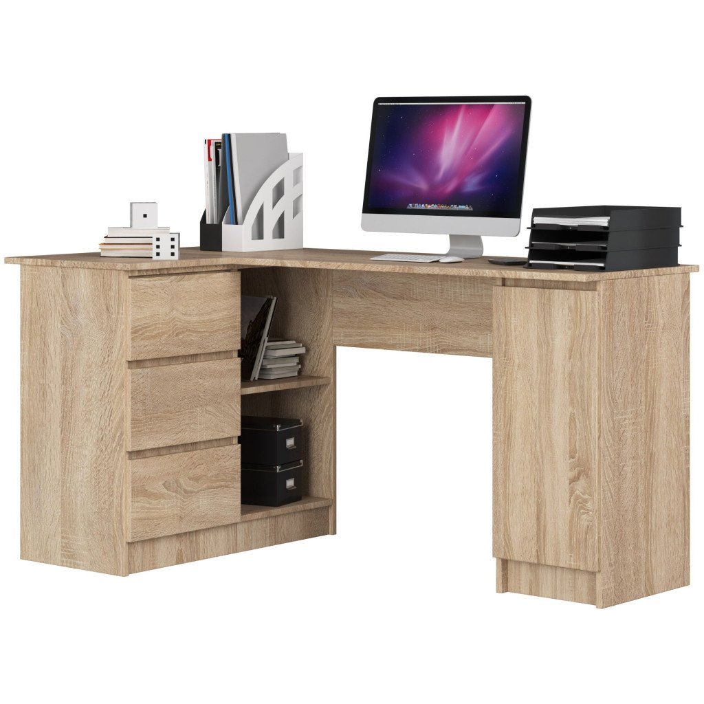 BBirou colt stanga in L cu 3 sertare si rafturi, PAL laminat 16 mm, 155x85x77 cm, stejar sonoma
