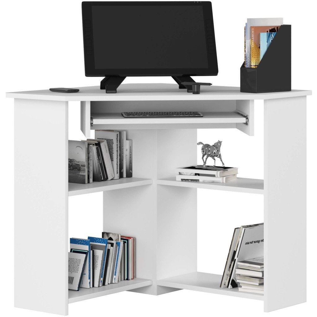 Birou de colt TED, cu rafturi si polita glisanta pentru tastatura, 80x80x74 cm, alb