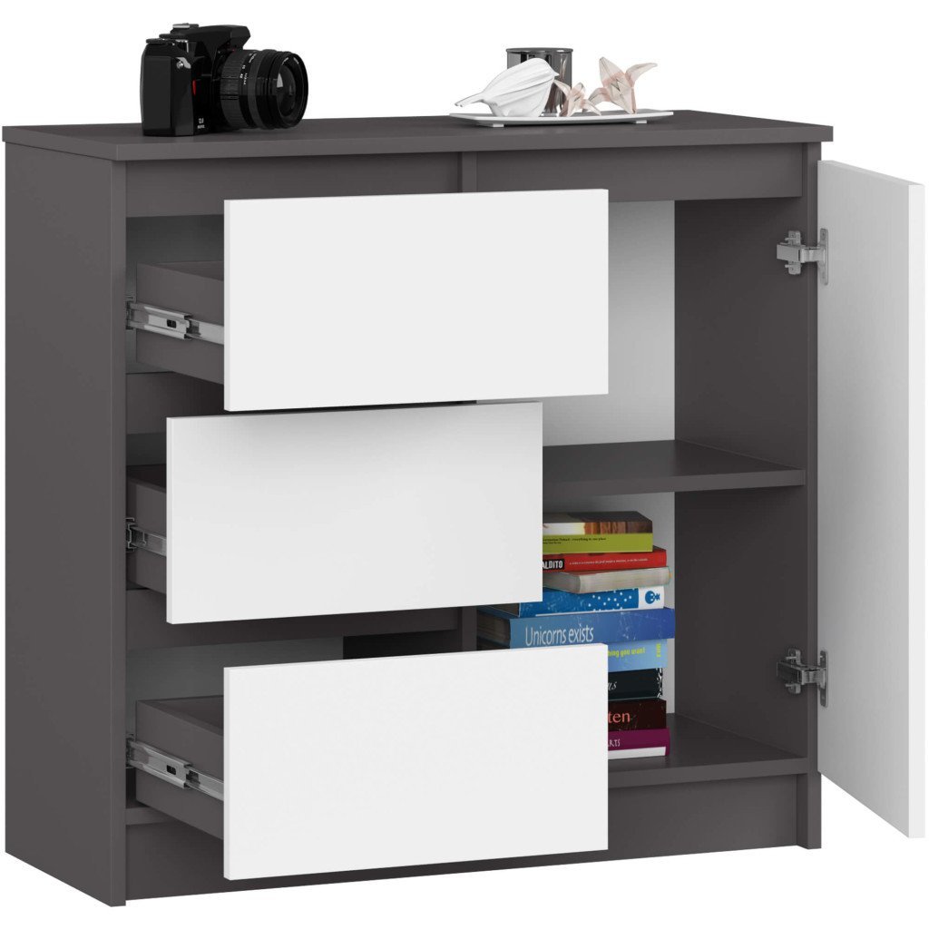 comoda jerry cu 3 sertare si dulap cu rafturi, pal laminat, 80x35x77 cm, gri grafit si alb 2 Comoda JERRY cu 3 sertare si dulap cu rafturi, PAL laminat, 80x35x77 cm, gri grafit si alb - imagine 2