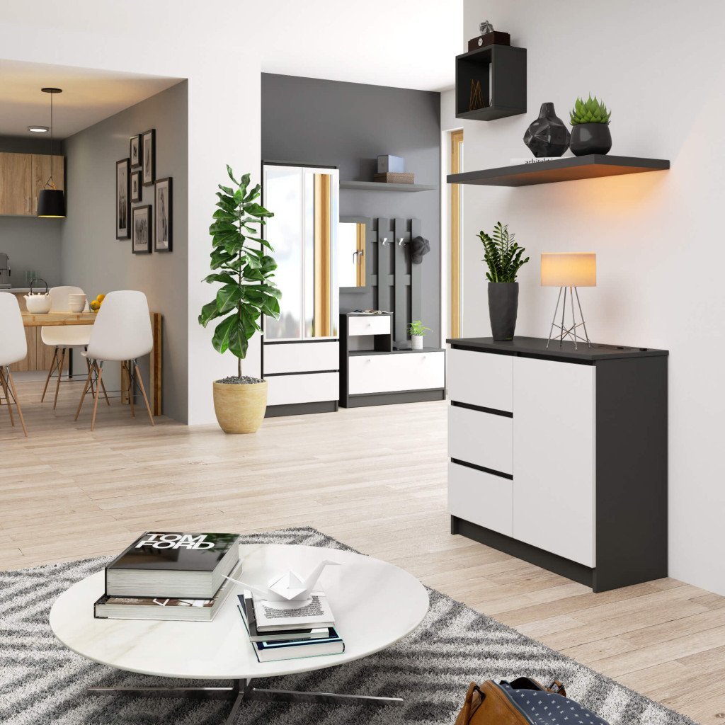 comoda jerry cu 3 sertare si dulap cu rafturi, pal laminat, 80x35x77 cm, gri grafit si alb 4 Comoda JERRY cu 3 sertare si dulap cu rafturi, PAL laminat, 80x35x77 cm, gri grafit si alb - imagine 4
