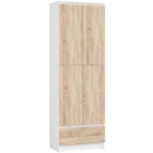 Dulap inchis cu 2 usi si sertar, 4 rafturi, PAL laminat 16 mm, 60x35x180 cm, alb si stejar sonoma