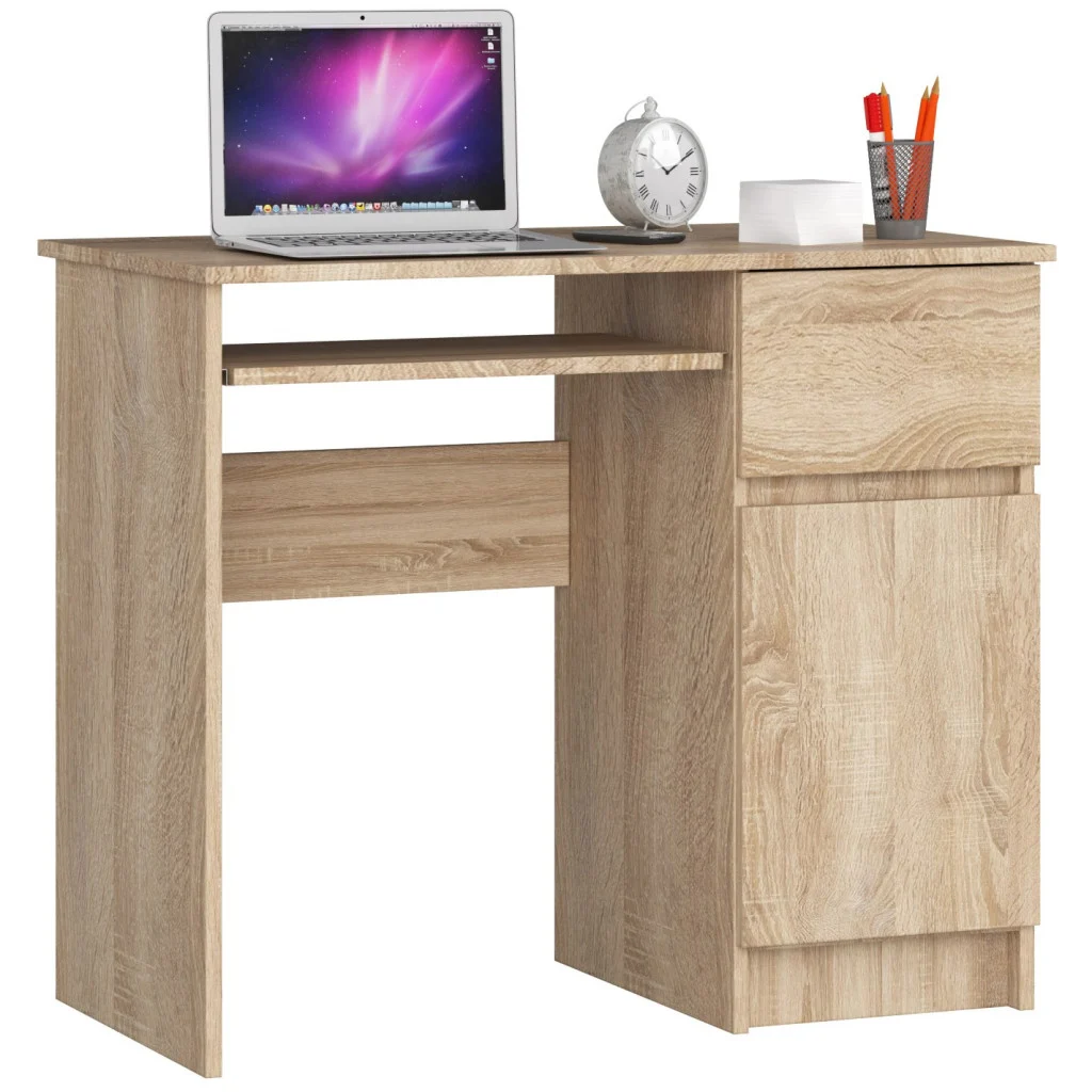 Birou computer PIKSEL, cu sertar, dulap si raft pentru tastatura, dreapta, 90x50x77 cm, stejar sonoma