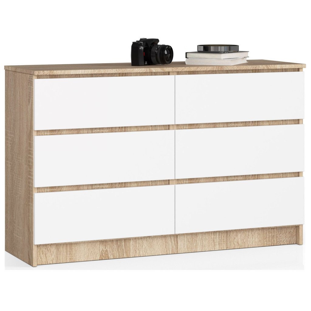 Comoda cu 6 sertare, PAL laminat, 120x40x77 cm, stejar sonoma si alb mat
