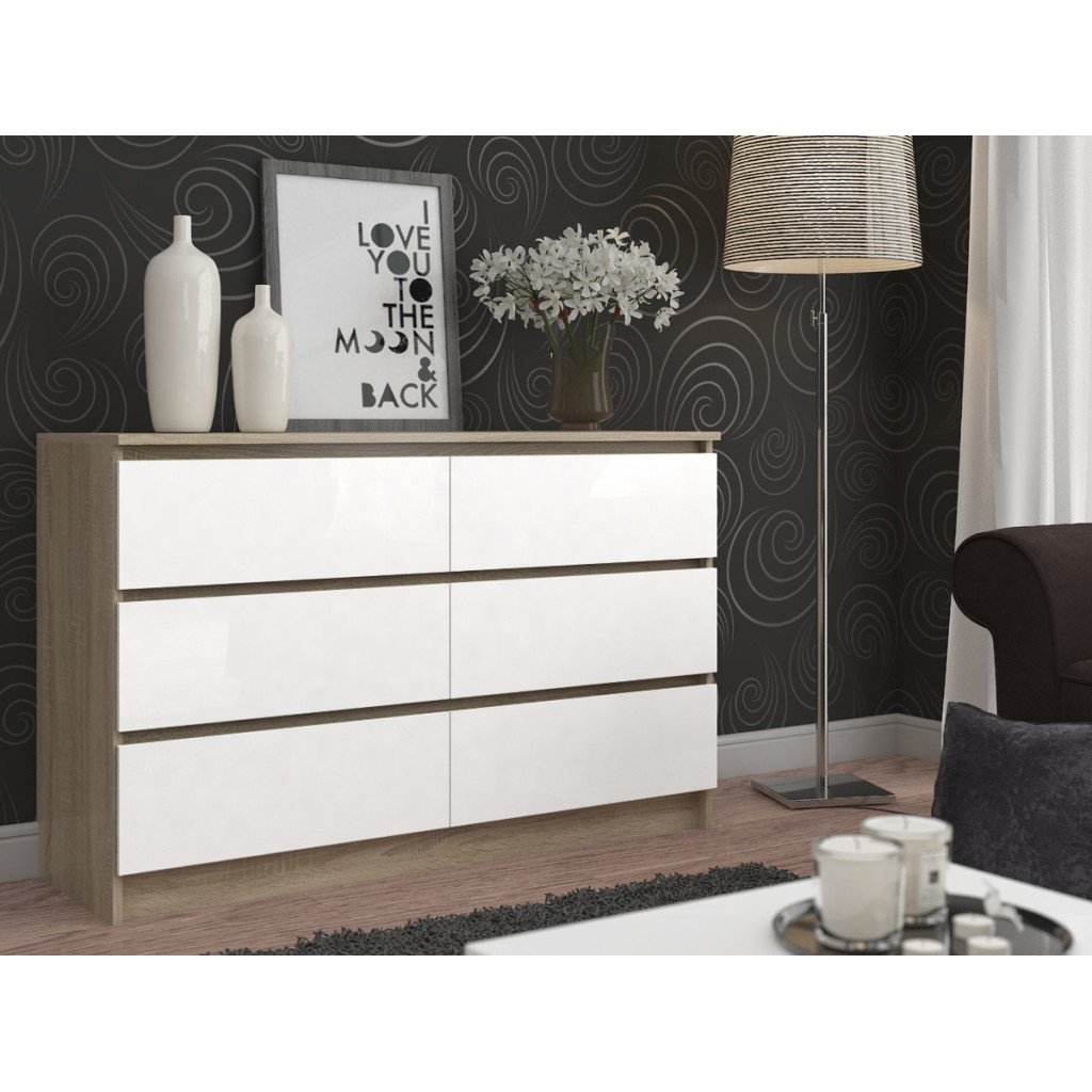 comoda cu 6 sertare, pal laminat, 120x40x77 cm, stejar sonoma si alb mat 4 Comoda cu 6 sertare, PAL laminat, 120x40x77 cm, stejar sonoma si alb mat - imagine 4