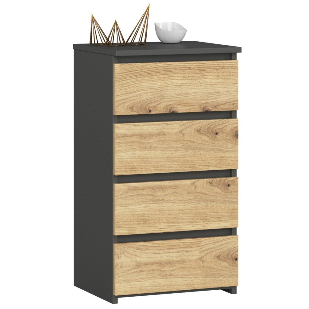 Comoda cu 4 sertare, PAL laminat 16mm, 40x35x74 cm, gri si stejar artisan