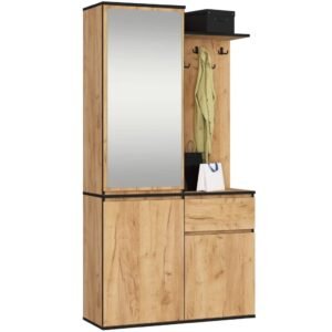 Set hol Entro cu oglinda, cuier si spatii de depozitare, PAL laminat 16 mm, 95x35x183 cm, stejar craft