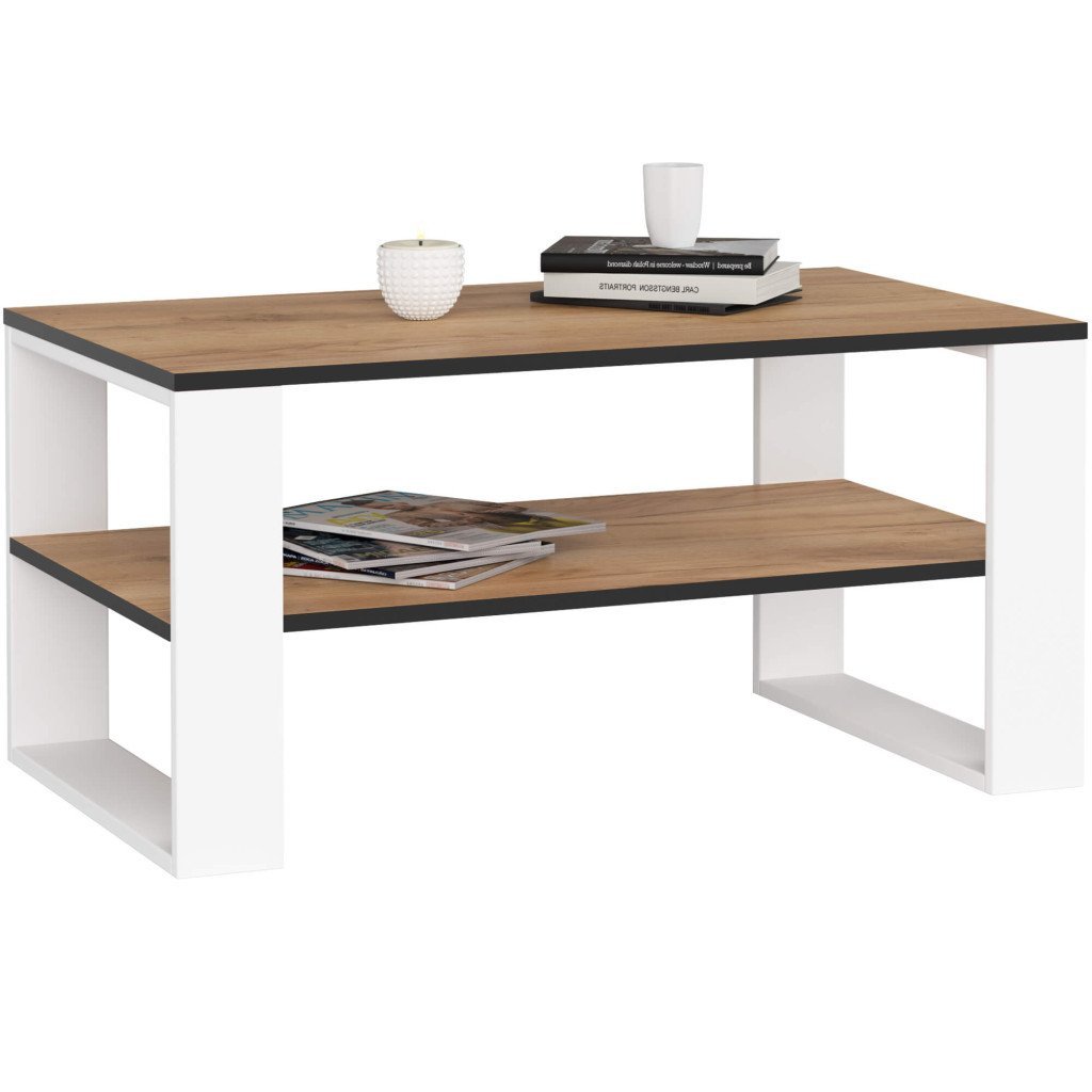 Masuta cafea ALEX cu raft inferior, PAL laminat, 92x53x45 cm, stejar craft si alb 1 Masuta cafea ALEX cu raft inferior, PAL laminat, 92x53x45 cm, stejar craft si alb