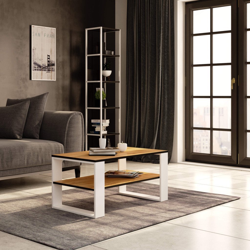 Masuta cafea ALEX cu raft inferior, PAL laminat, 92x53x45 cm, stejar craft si alb 4 Masuta cafea ALEX cu raft inferior, PAL laminat, 92x53x45 cm, stejar craft si alb - imagine 4