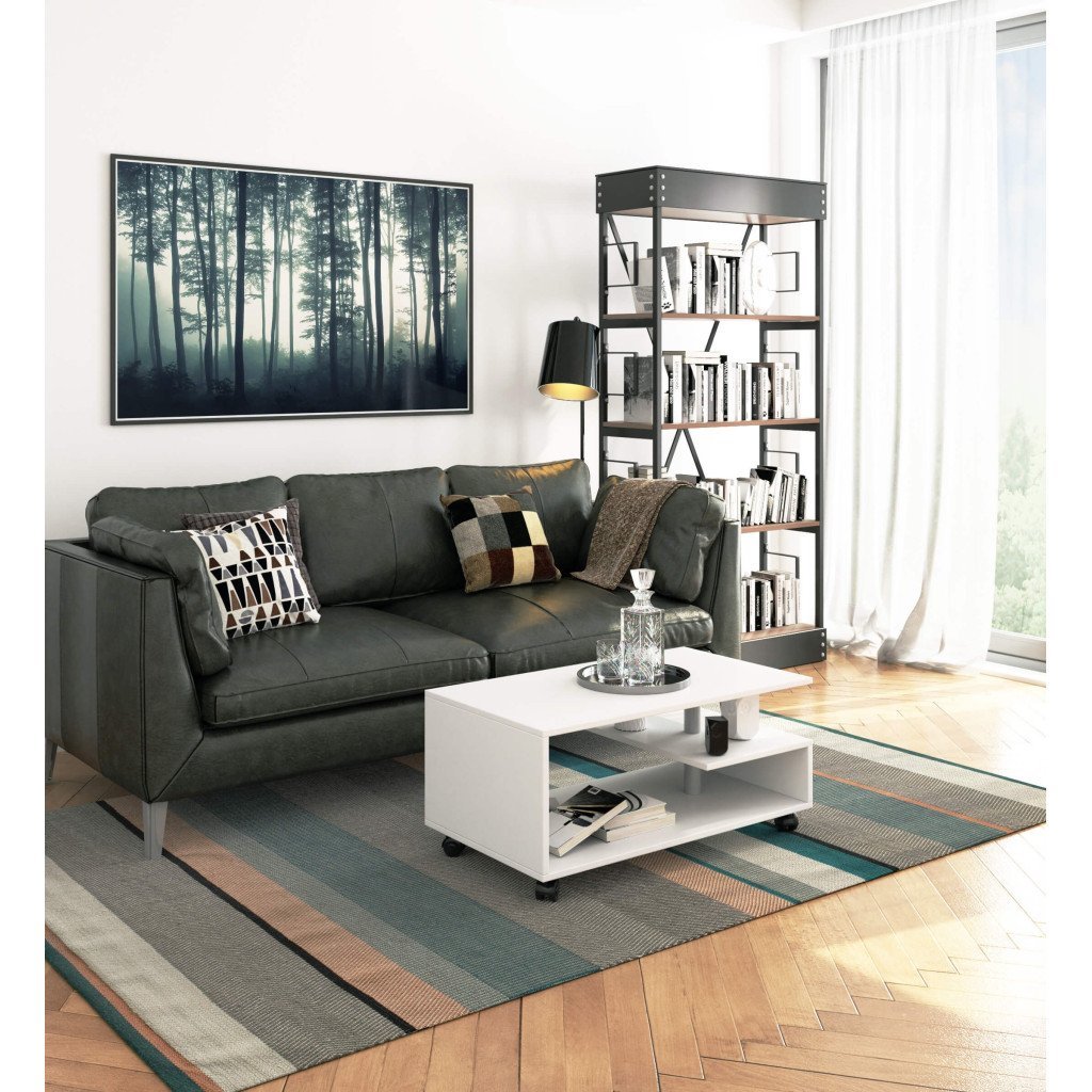 Masuta de cafea Vini pe roti, cu raft inferior si blat din PAL laminat, 90x51x40 cm, alb 4 Masuta de cafea Vini pe roti, cu raft inferior si blat din PAL laminat, 90x51x40 cm, alb - imagine 4