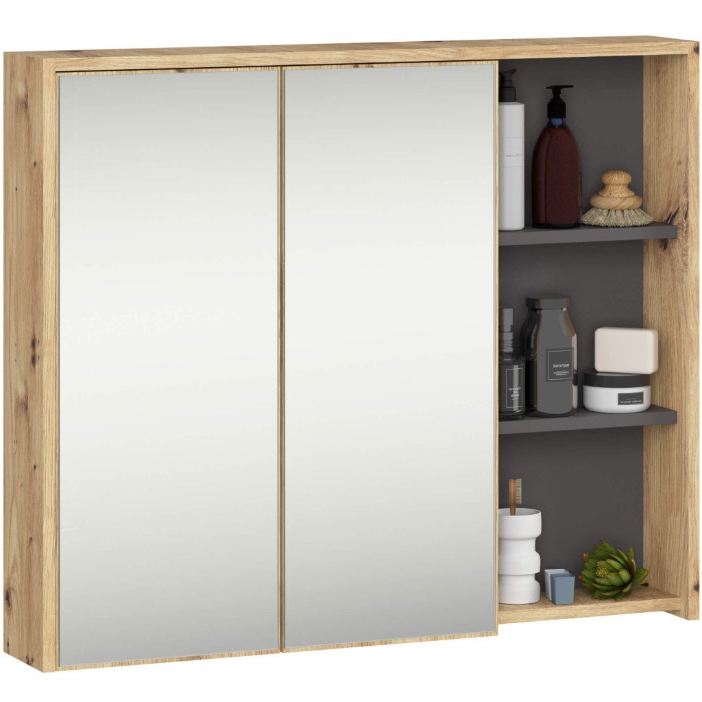 Dulap de baie suspendat cu oglinda, 2 usi si 3 rafturi interioare, PAL 16 mm, 90x15x75 cm, stejar artisan si gri