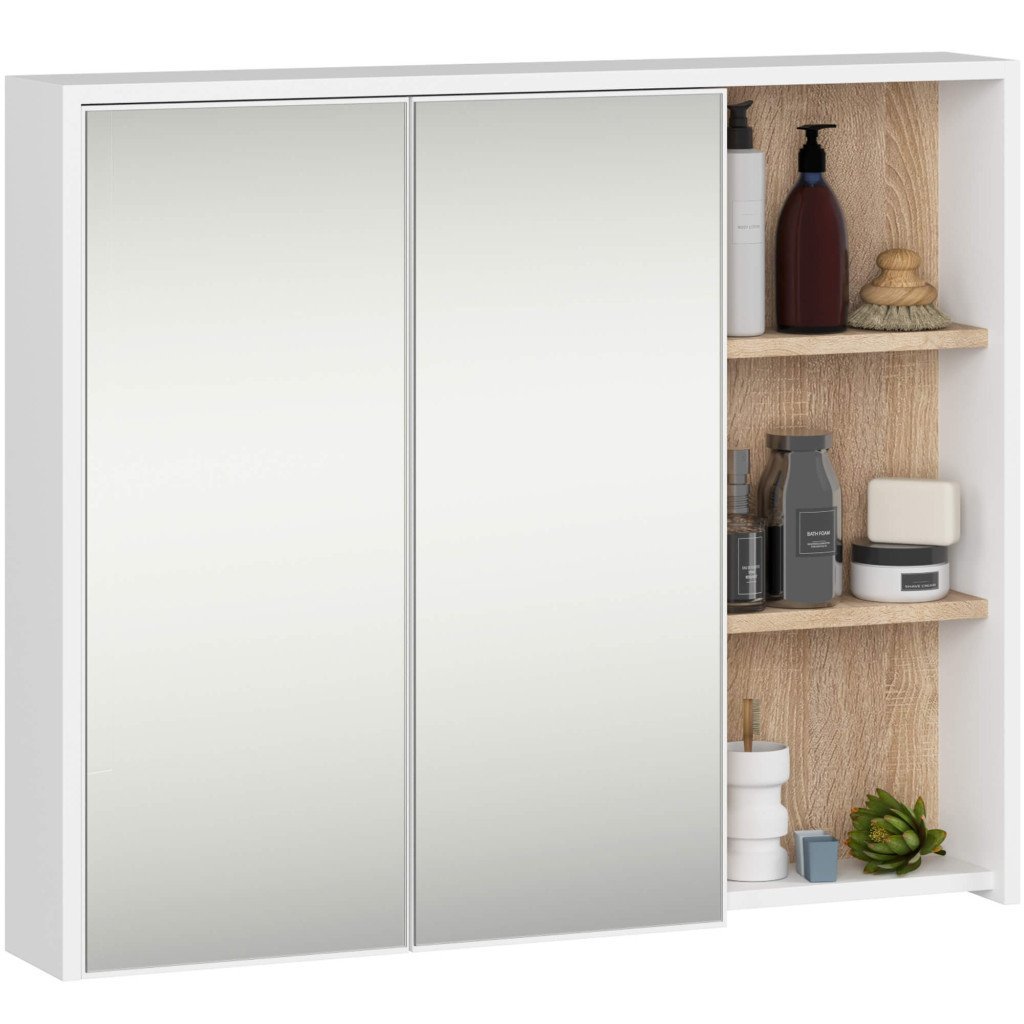 Dulap de baie suspendat cu oglinda, 2 usi si 3 rafturi interioare, PAL 16 mm, 90x15x75 cm, alb si stejar sonoma