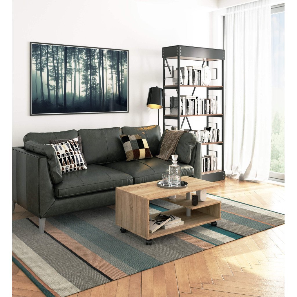 Masuta de cafea Vini pe roti, cu raft inferior si blat din PAL laminat, 90x51x40 cm, stejar sonoma 4 Masuta de cafea Vini pe roti, cu raft inferior si blat din PAL laminat, 90x51x40 cm, stejar sonoma - imagine 4