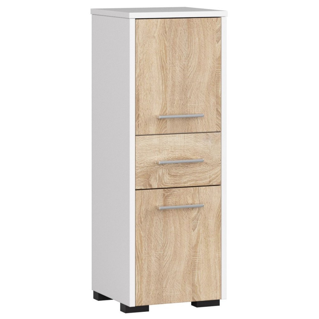 Dulap de baie tip baza, cu 2 usi si sertar, PAL 16 mm, 30x30x85 cm, alb si stejar sonoma