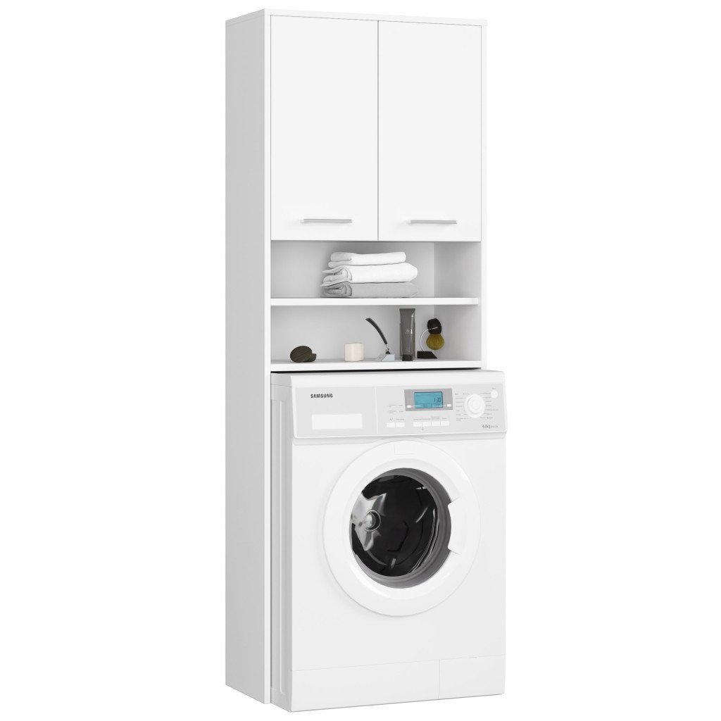 Dulap baie inalt pentru spatiu deasupra masinii de spalat, cu usi si polite, 64x30x180 cm, alb mat