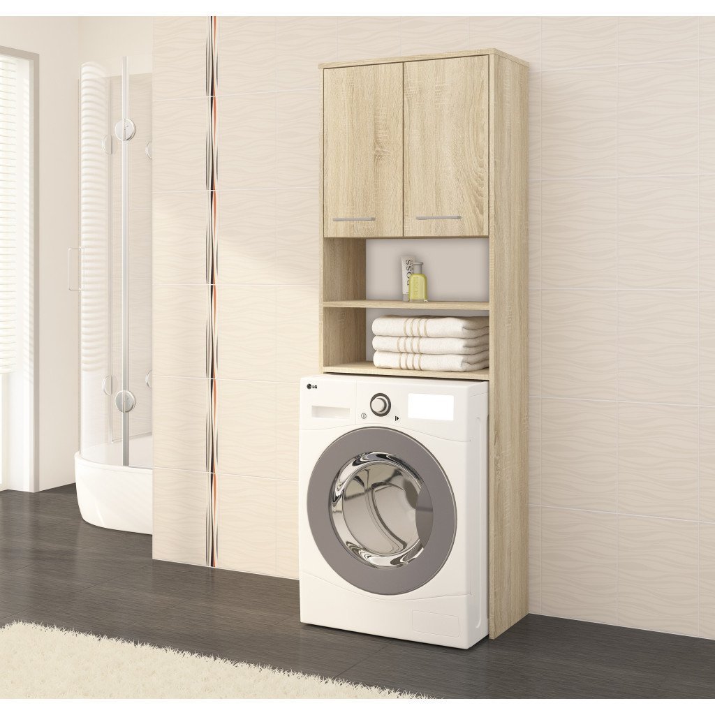 dulap baie inalt pentru spatiu deasupra masinii de spalat, cu usi si polite, 64x30x180 cm, stejar sonoma 4 Dulap baie inalt pentru spatiu deasupra masinii de spalat, cu usi si polite, 64x30x180 cm, stejar sonoma - imagine 4