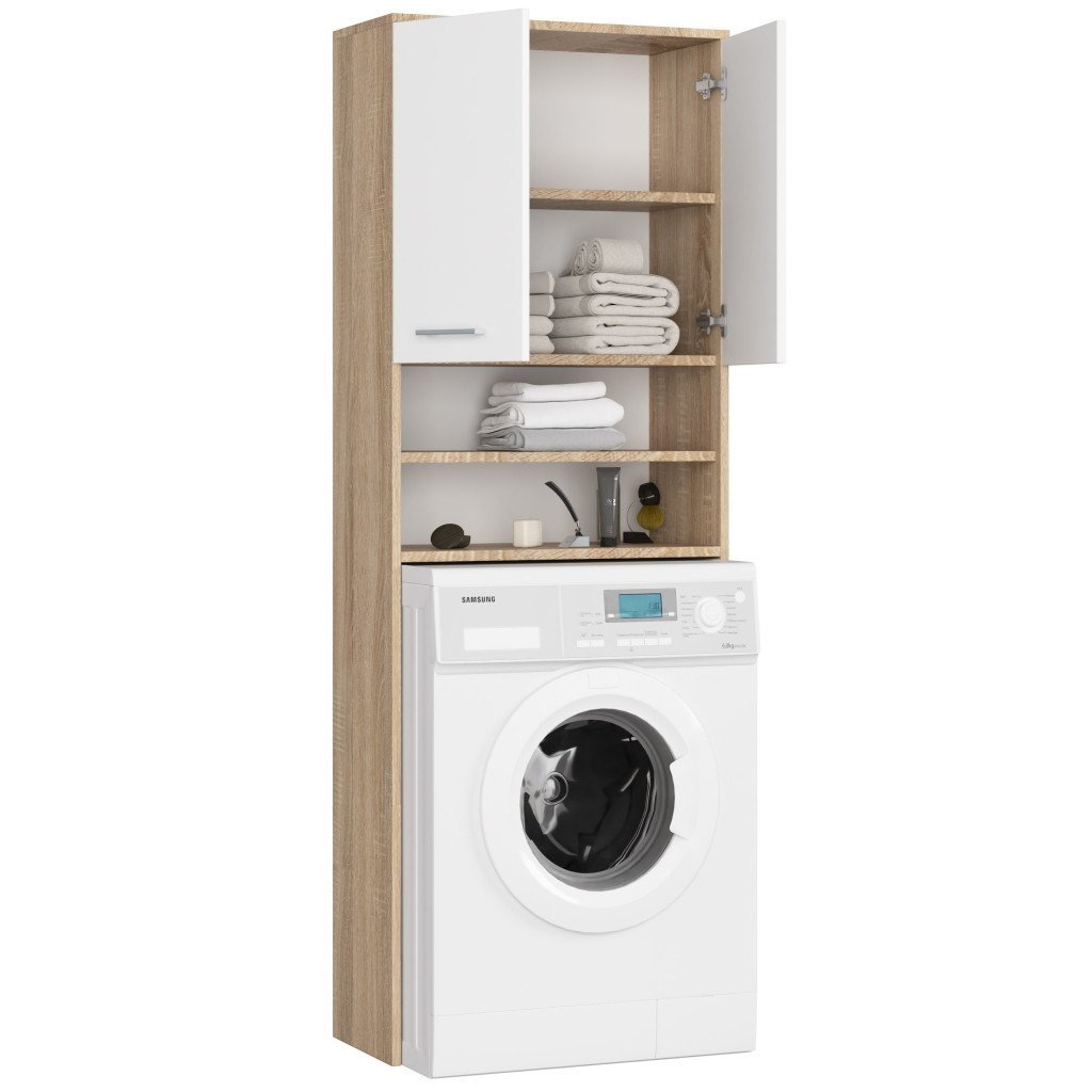 dulap baie inalt pentru spatiu deasupra masinii de spalat, cu usi si polite, 64x30x180 cm, stejar sonoma si alb 2 Dulap baie inalt pentru spatiu deasupra masinii de spalat, cu usi si polite, 64x30x180 cm, stejar sonoma si alb - imagine 2
