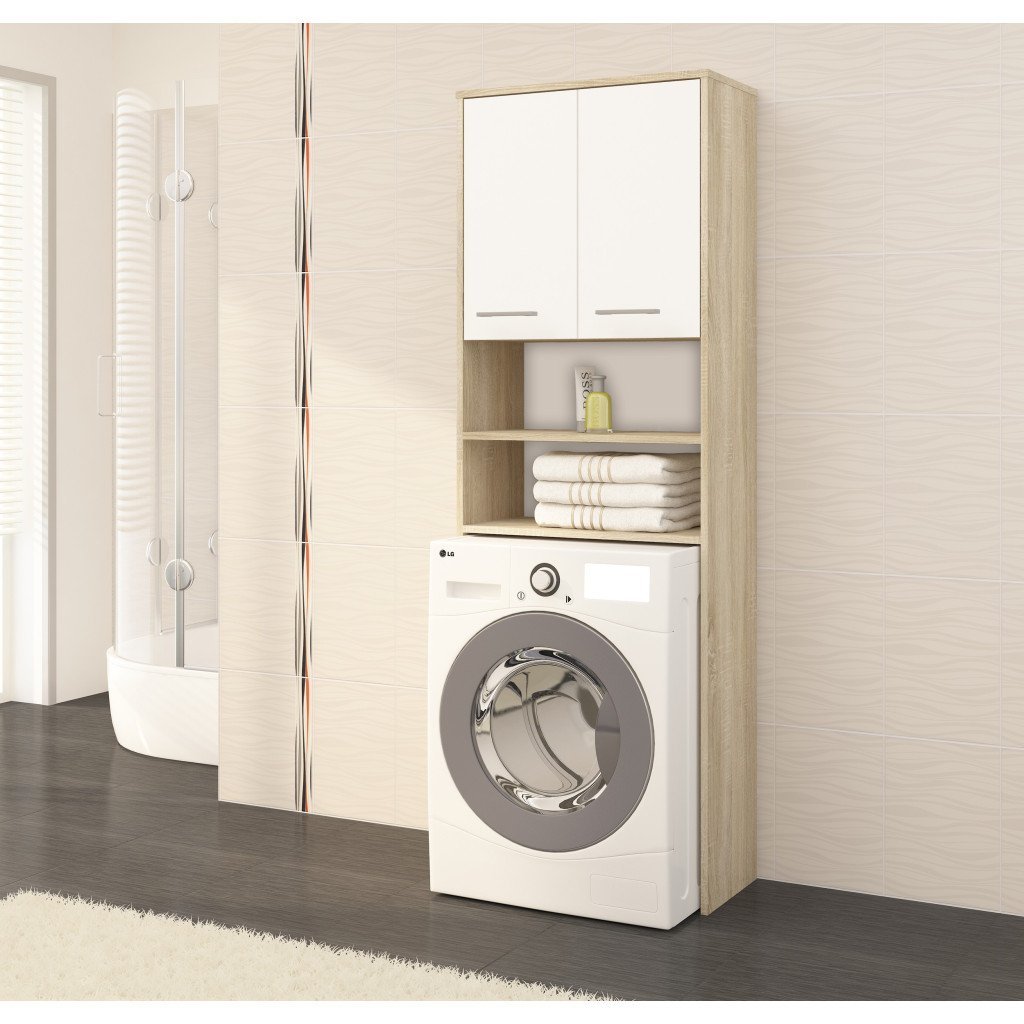 dulap baie inalt pentru spatiu deasupra masinii de spalat, cu usi si polite, 64x30x180 cm, stejar sonoma si alb 4 Dulap baie inalt pentru spatiu deasupra masinii de spalat, cu usi si polite, 64x30x180 cm, stejar sonoma si alb - imagine 4