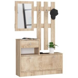 Set mobilier hol cu pantofar, oglinda, sertar si cuier metalic, PAL laminat, 90x25x170 cm, stejar sonoma